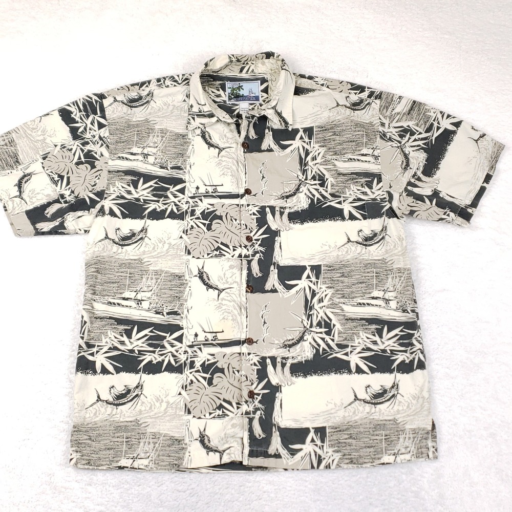 AFTCO Bluewater Mens Large Cotton Nautical Fishing Marlin Button Shirt Black